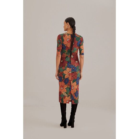 Farm Rio Floral Midi Dress Large Stitched Boho Fall Wedding Guest Worn Once - Picture 2 of 15